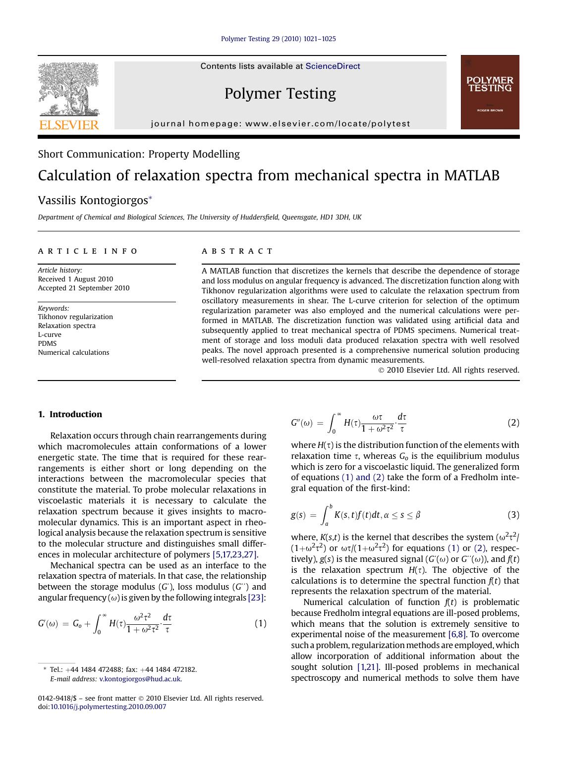Calculation of relaxation spectra from mechanical spectra in MATLAB by Vassilis Kontogiorgos