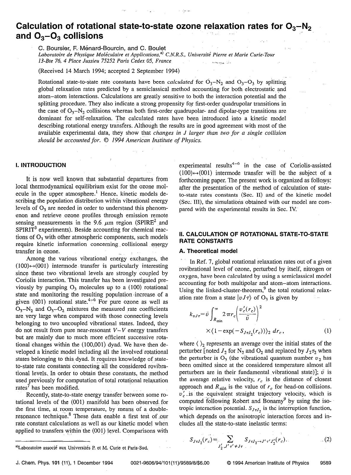 Calculation of rotational state-to-state ozone relaxation rates for O3--N2 and O3--O3 collisions by C. Boursier; F. Menard-Bourcin; C. Boulet
