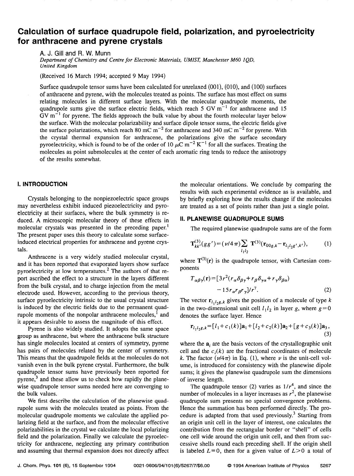 Calculation of surface quadrupole field, polarization, and pyroelectricity for anthracene and pyrene crystals by A. J. Gill; R. W. Munn