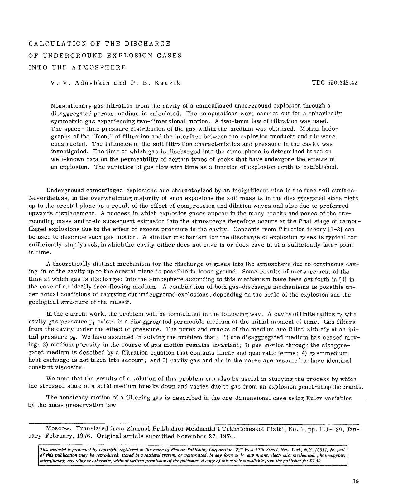 Calculation of the discharge of underground explosion gases into the atmosphere by Unknown