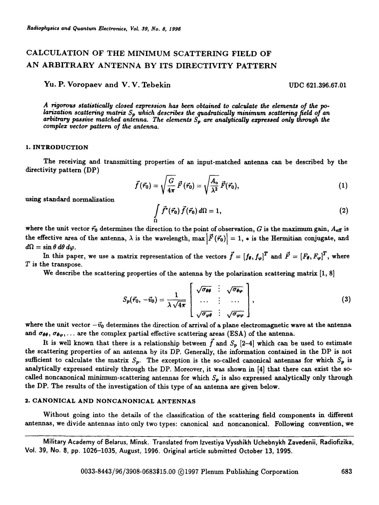 Calculation of the minimum scattering field of an arbitrary antenna by its directivity pattern by Unknown