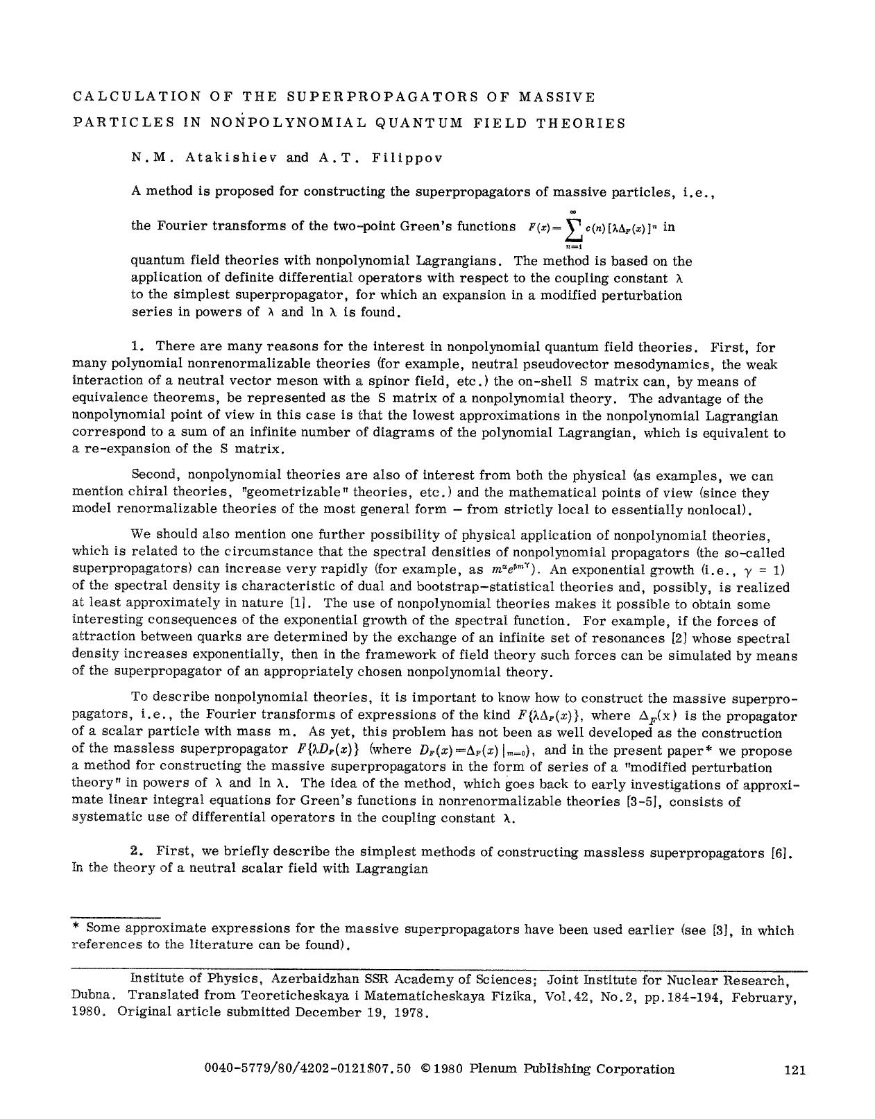 Calculation of the superpropagators of massive particles in nonpolynomial quantum field theories by Unknown