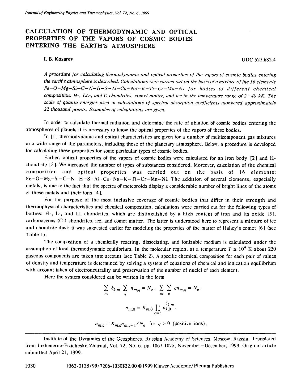Calculation of thermodynamic and optical properties of the vapors of cosmic bodies entering the earth&#x2019;s atmosphere by Unknown