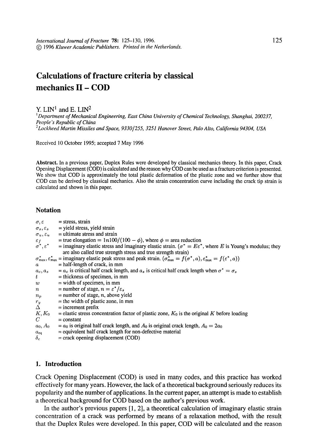 Calculations of fracture criteria by classical mechanics II &#x2014; COD by Unknown