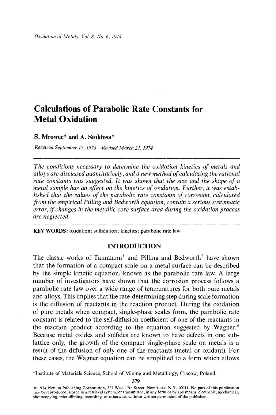 Calculations of parabolic rate constants for metal oxidation by Unknown