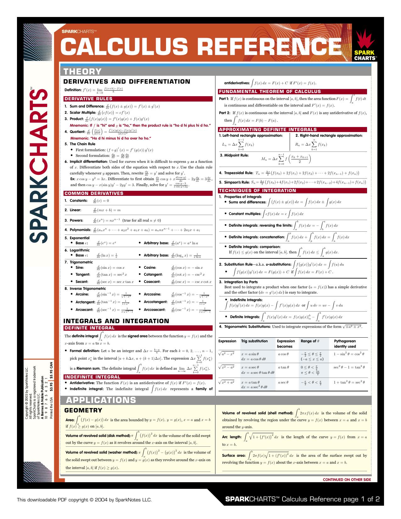 Calculus Reference (spark) by Unknown