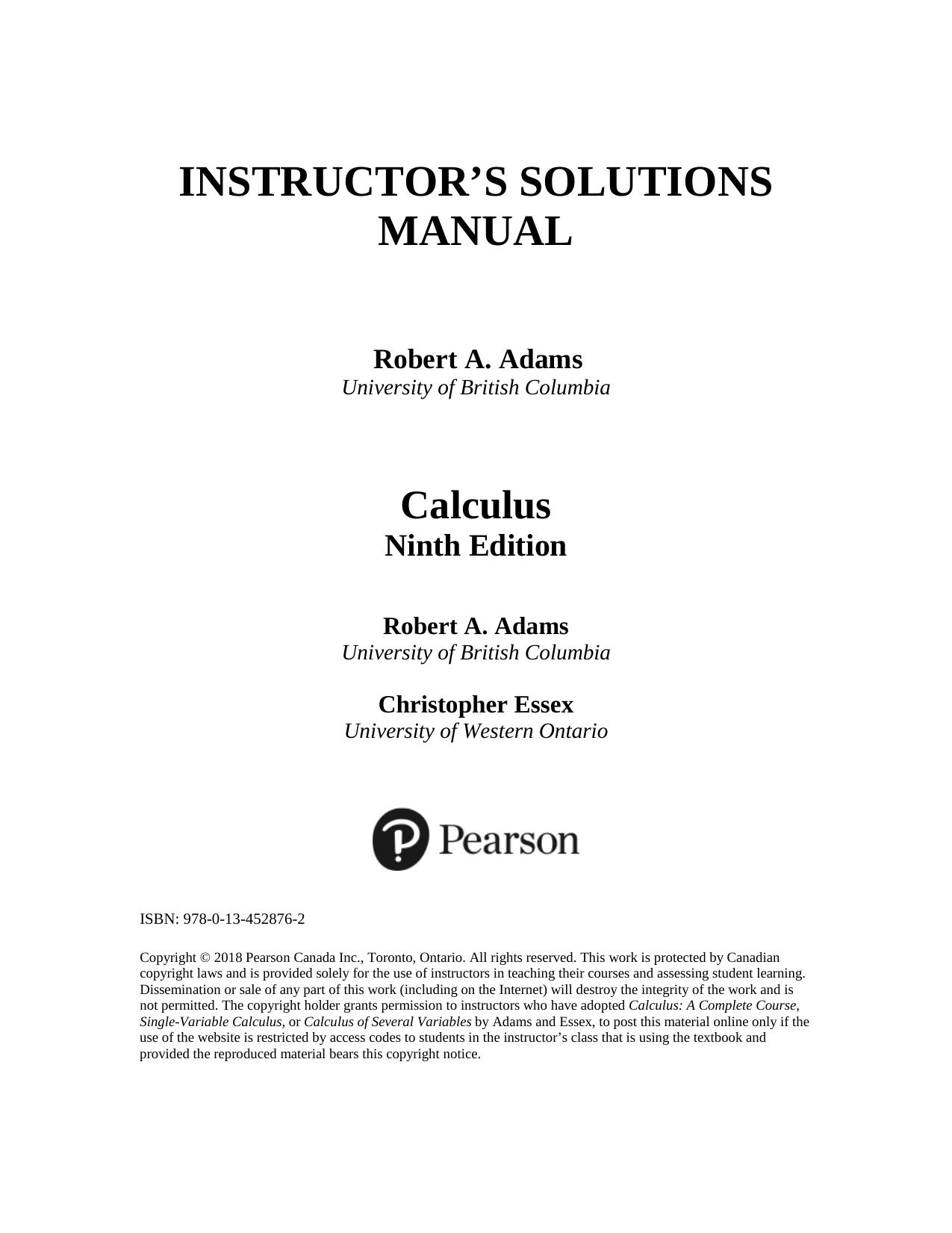 Calculus Solution Manual 9th by Adams