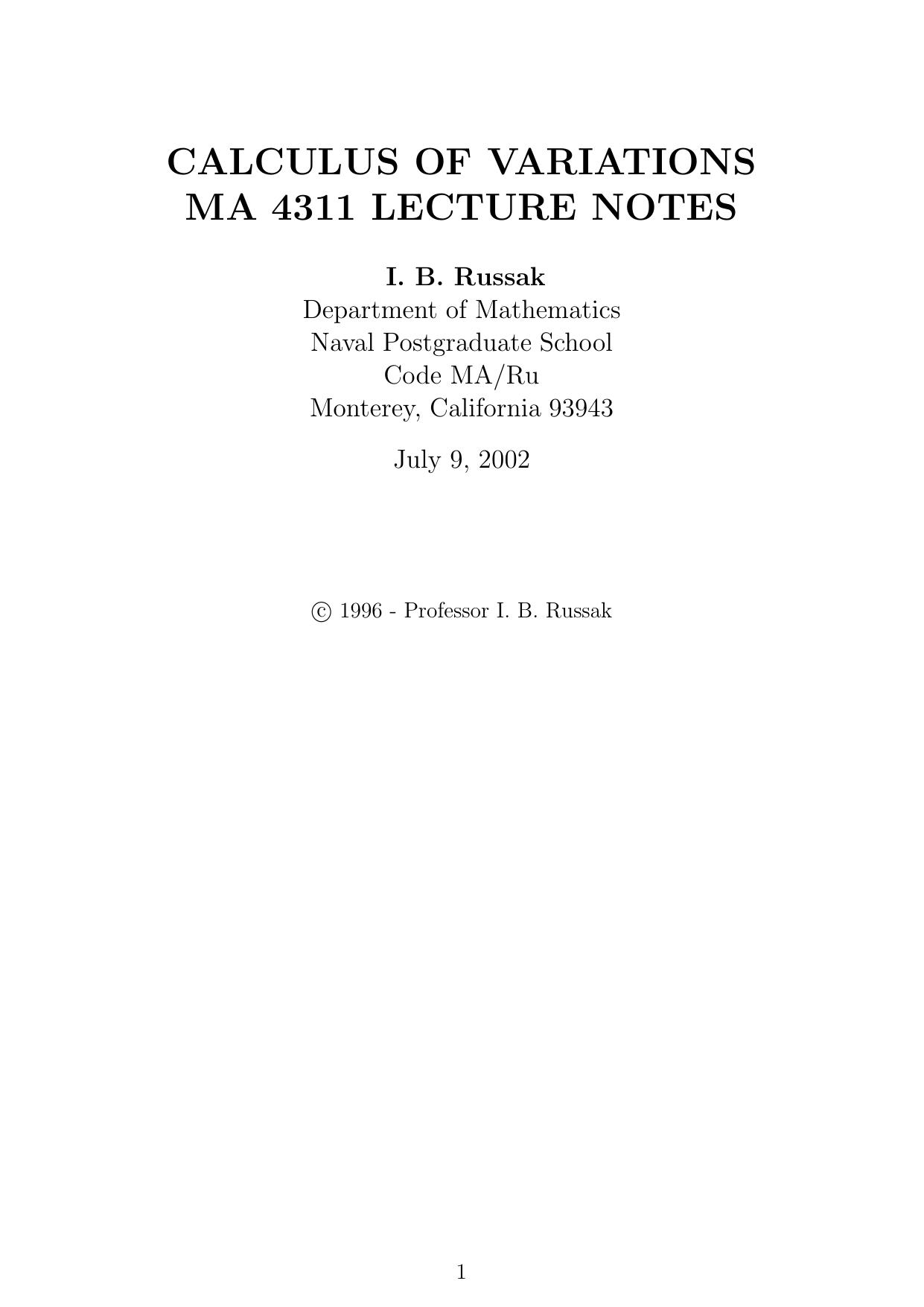 Calculus of Variations & Solution Manual by Russak