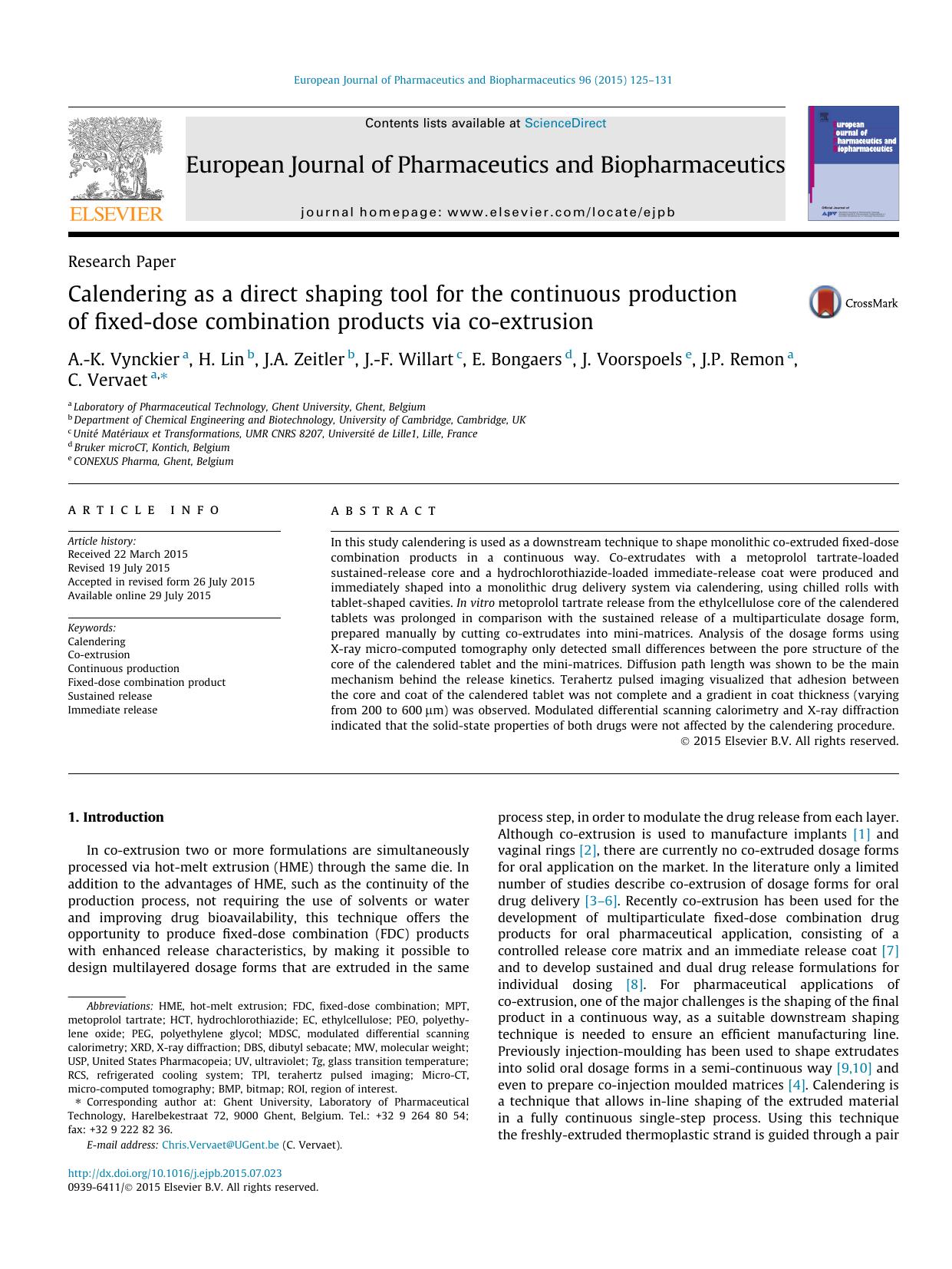 Calendering as a direct shaping tool for the continuous production of fixed-dose combination products via co-extrusion by unknow