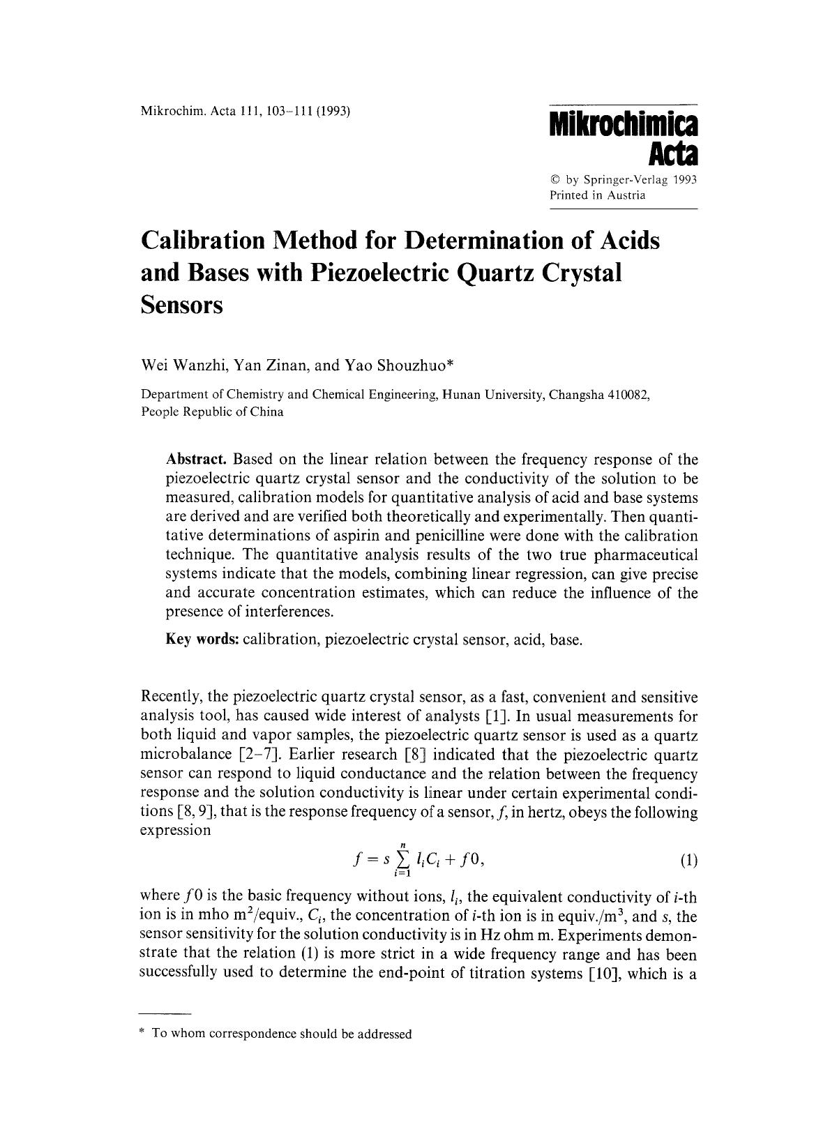 Calibration method for determination of acids and bases with piezoelectric quartz crystal sensors by Unknown