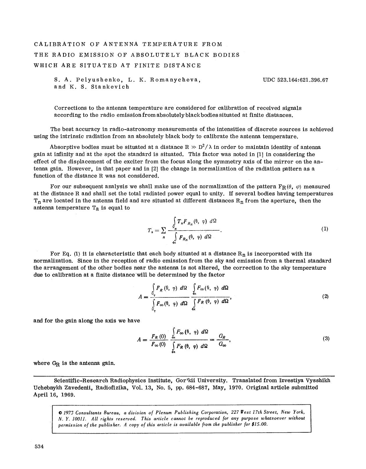 Calibration of antenna temperature from the radio emission of absolutely black bodies which are situated at finite distance by Unknown