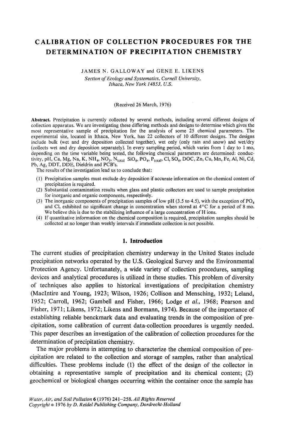 Calibration of collection procedures for the determination of precipitation chemistry by Unknown