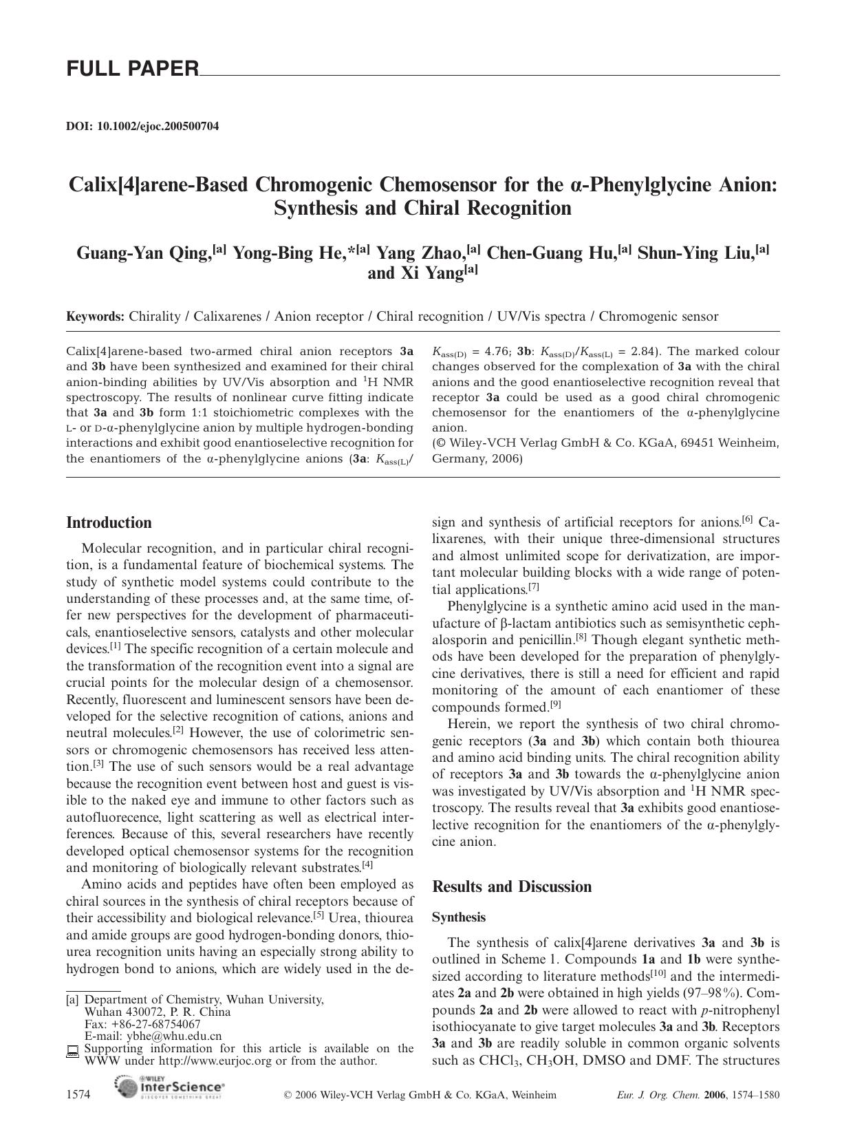 Calix[4]arene-Based Chromogenic Chemosensor for the [alpha]-Phenylglycine Anion: Synthesis and Chiral Recognition by Unknown