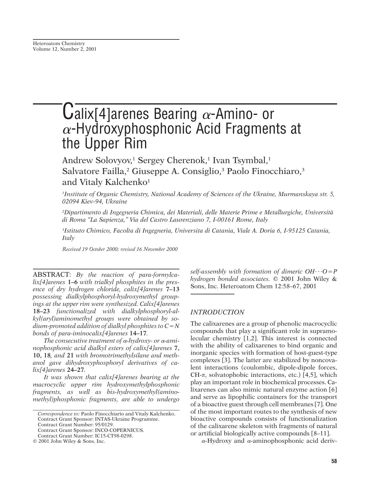 Calix[4]arenes bearing [agr]-amino- or [agr]-hydroxyphosphonic acid fragments at the upper rim by Unknown