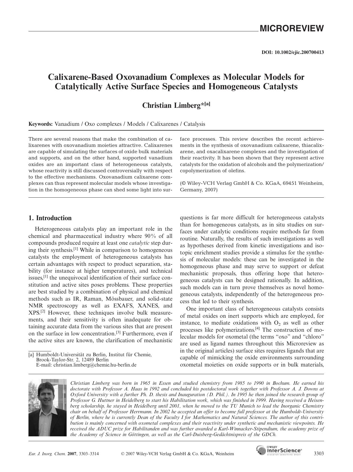 Calixarene-Based Oxovanadium Complexes as Molecular Models for Catalytically Active Surface Species and Homogeneous Catalysts by Unknown