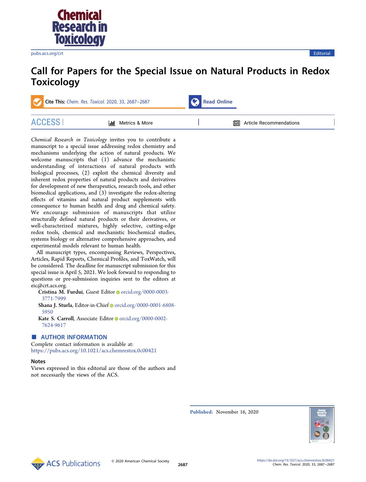 Call for Papers for the Special Issue on Natural Products in Redox Toxicology by Cristina M. Furdui Shana J. Sturla and Kate S. Carroll