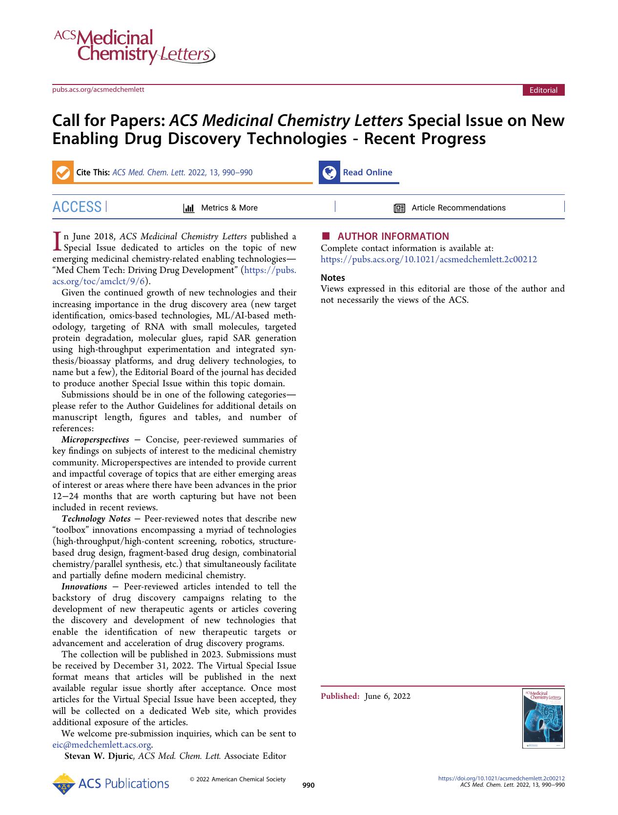 Call for Papers: ACS Medicinal Chemistry Letters Special Issue on New Enabling Drug Discovery Technologies - Recent Progress by Stevan W. Djuric