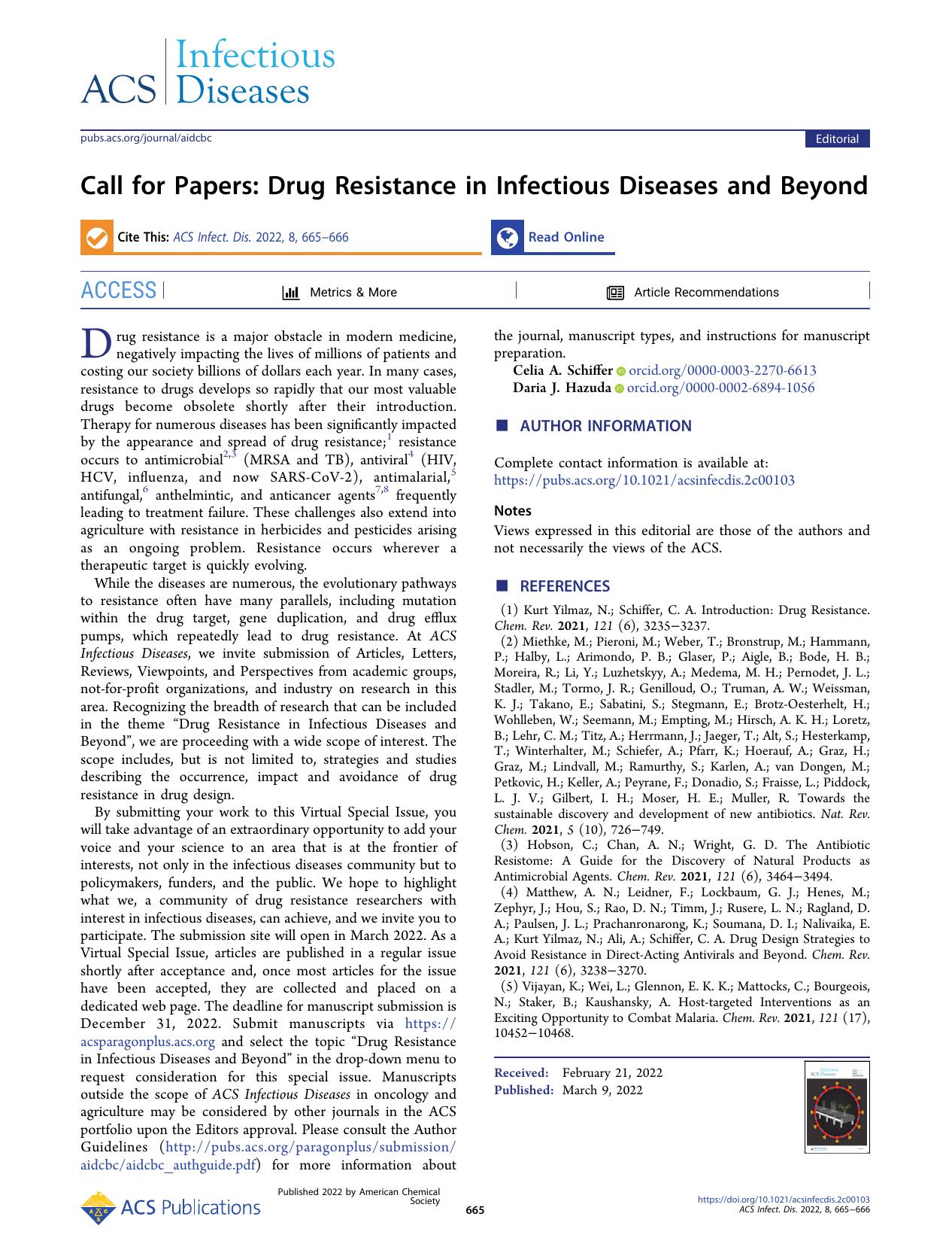 Call for Papers: Drug Resistance in Infectious Diseases and Beyond by Celia A. Schiffer and Daria J. Hazuda