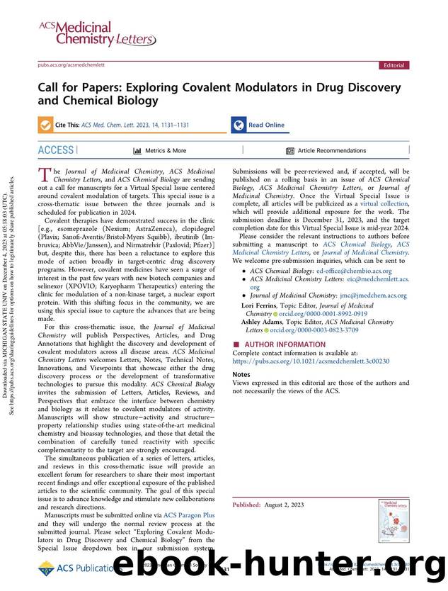 Call for Papers: Exploring Covalent Modulators in Drug Discovery and Chemical Biology by Lori Ferrins & Ashley Adams