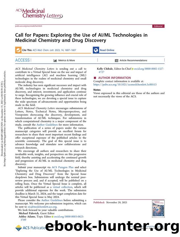 Call for Papers: Exploring the Use of AIML Technologies in Medicinal Chemistry and Drug Discovery by Michael Palovich Ashley Adams & Kelly Chibale