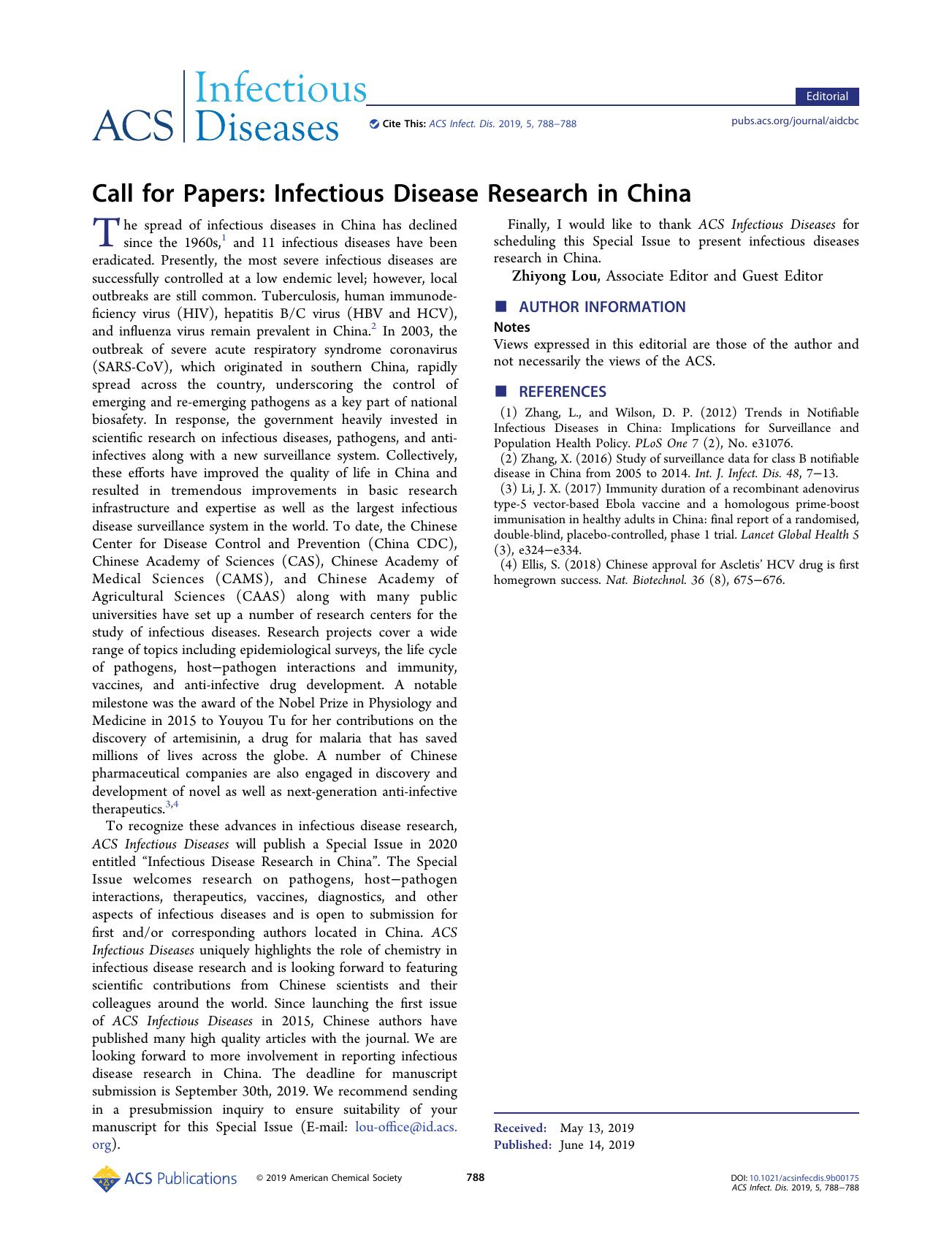 Call for Papers: Infectious Disease Research in China by Zhiyong Lou
