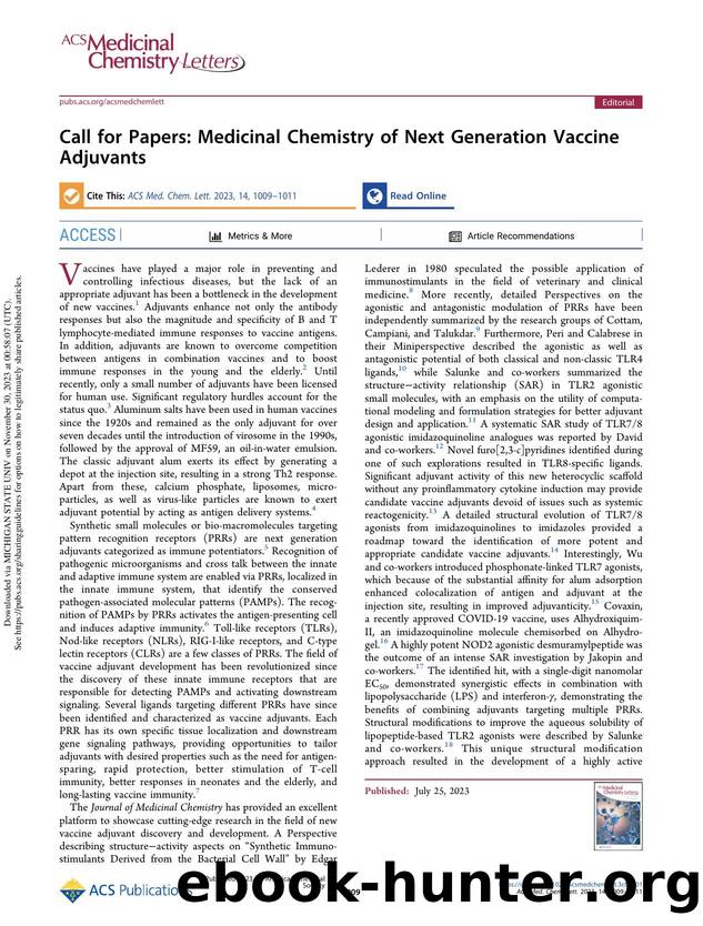 Call for Papers: Medicinal Chemistry of Next Generation Vaccine Adjuvants by Deepak B. Salunke & Craig W. Lindsley