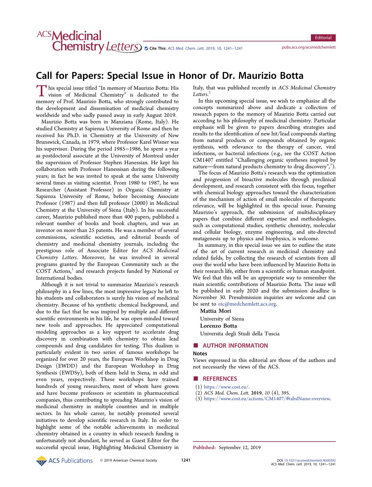 Call for Papers: Special Issue in Honor of Dr. Maurizio Botta by Mattia Mori; Lorenzo Botta & Lorenzo Botta