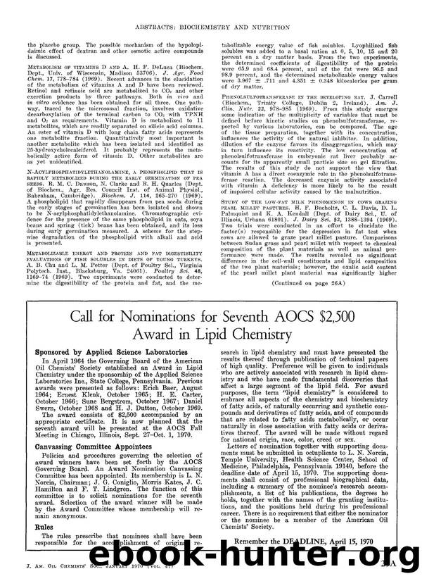 Call for nominations for seventh AOCS $2,500 award in lipid chemistry by Unknown