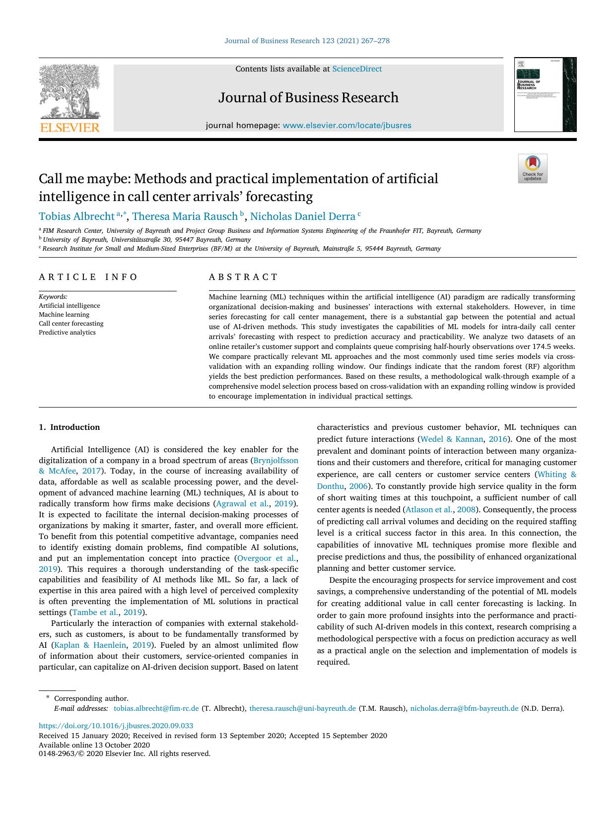 Call me maybe: Methods and practical implementation of artificial intelligence in call center arrivalsâ forecasting by Tobias Albrecht