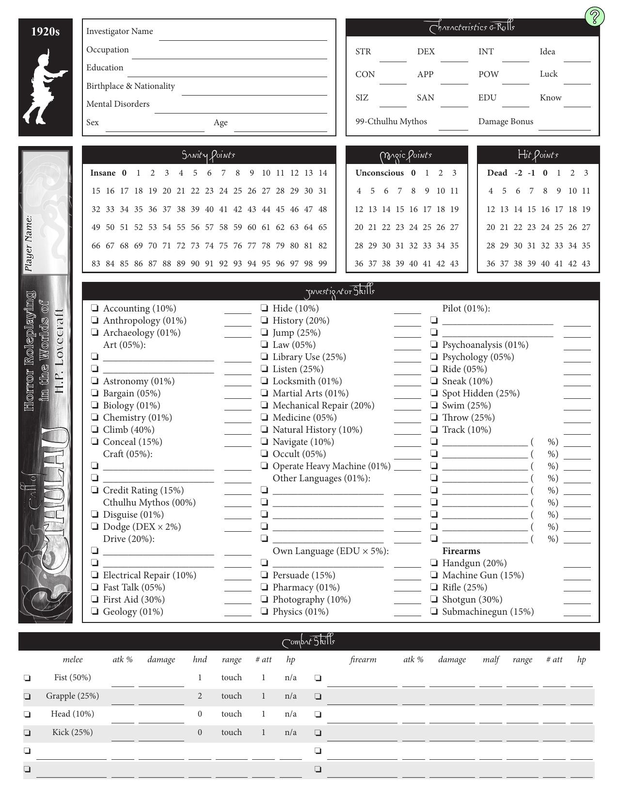 Call of Cthulhu Character Sheet 4.0 by Patrick Murphy & a Mad Irishman Production (www.mad-irishman.net)