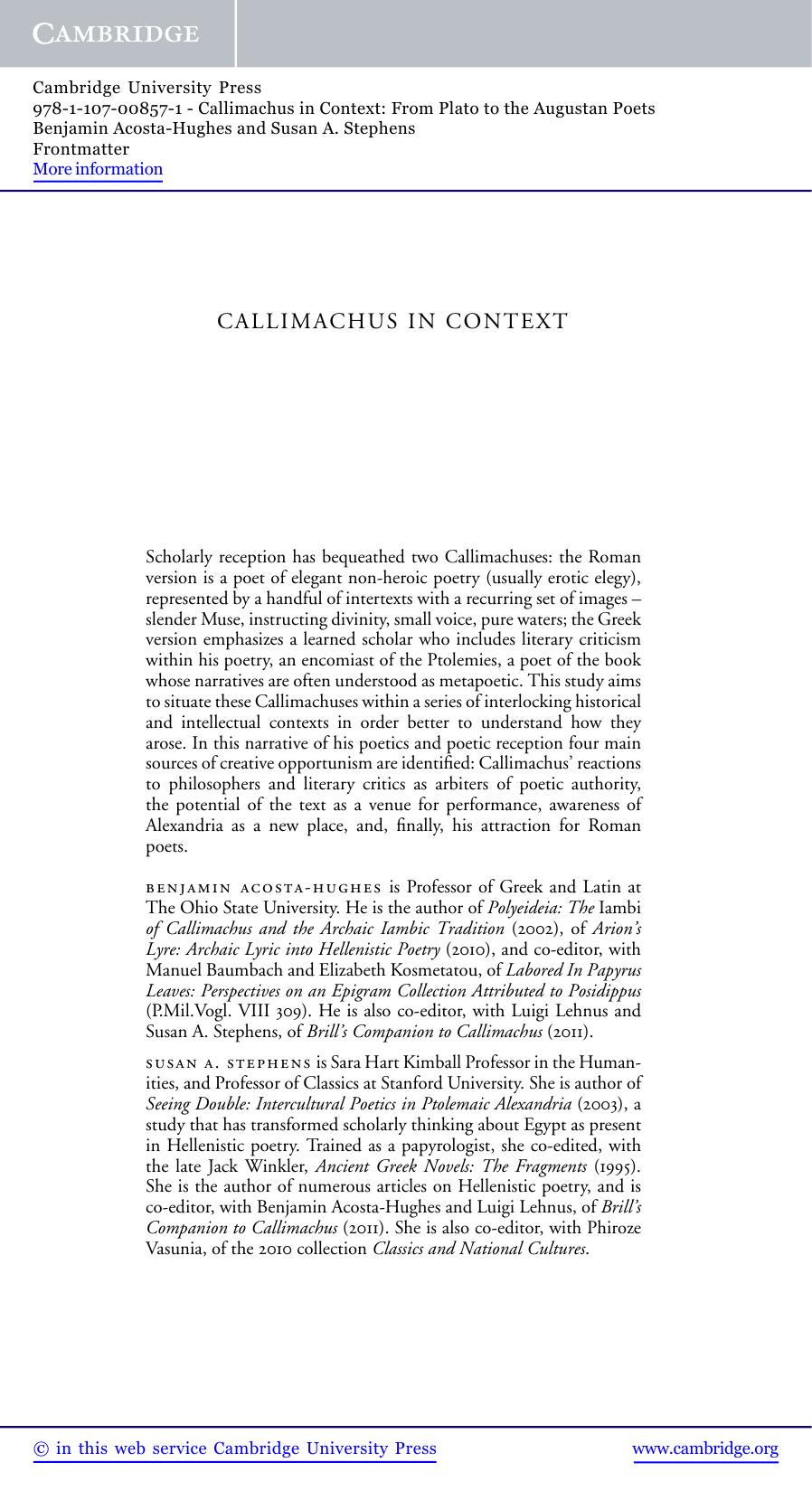 Callimachus in Context: From Plato to the Augustan Poets by Benjamin Acosta-Hughes; Susan A. Stephens
