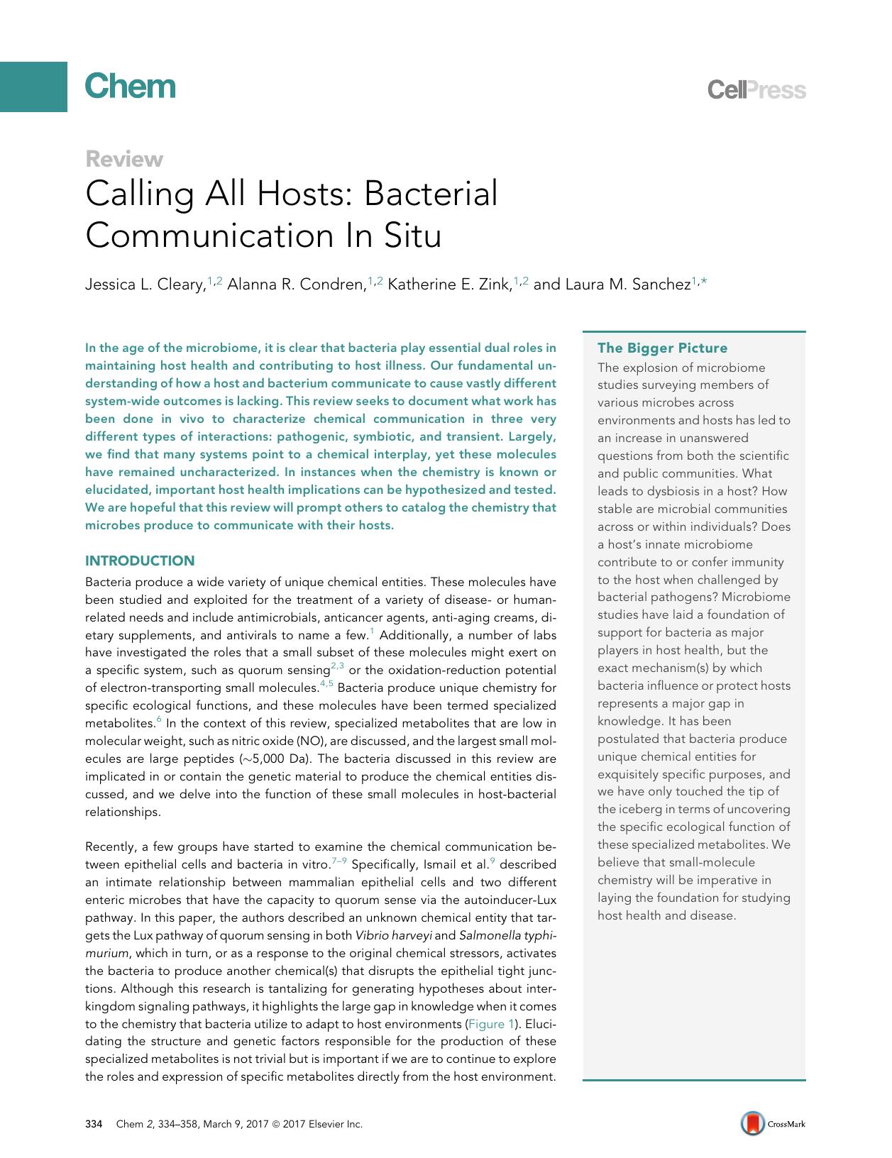Calling All Hosts: Bacterial Communication In Situ by Jessica L. Cleary & Alanna R. Condren & Katherine E. Zink & Laura M. Sanchez