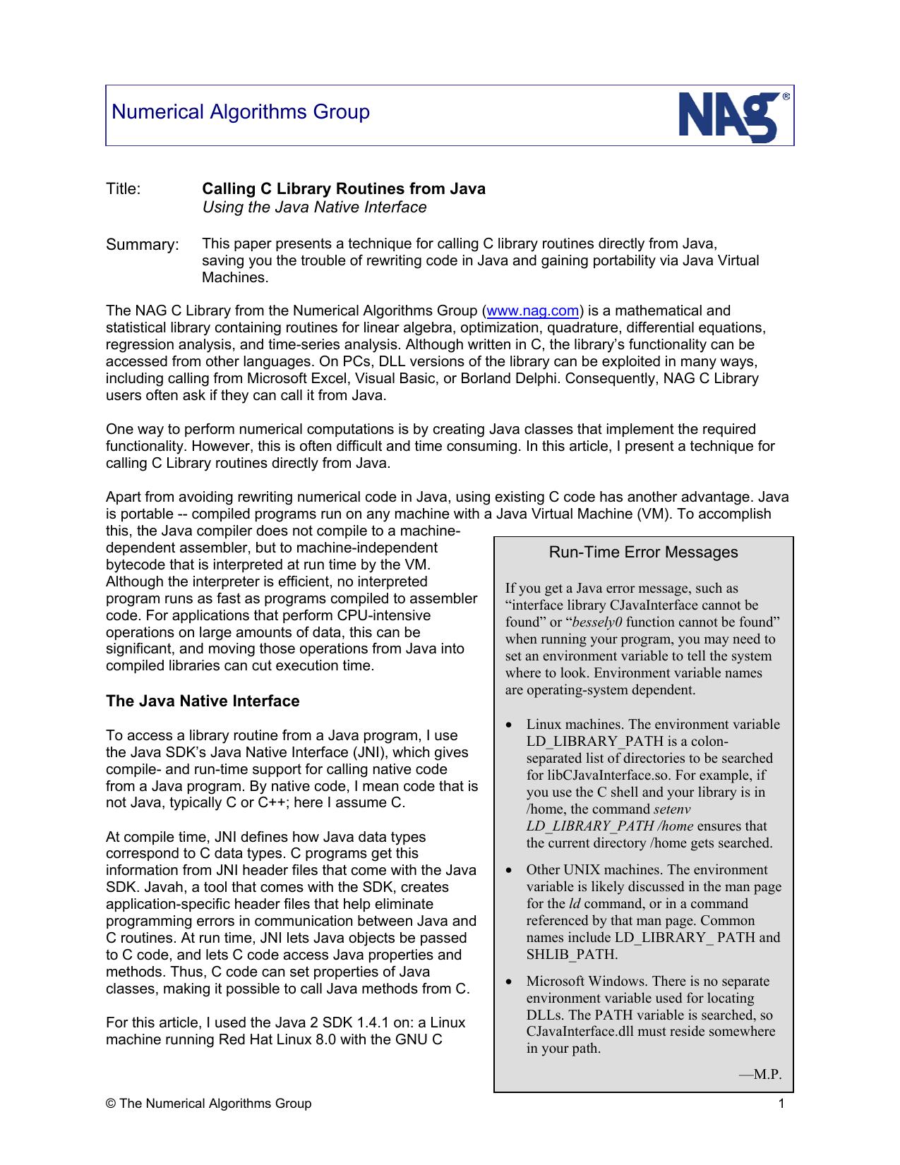 Calling C Library Routines from Java by Sue Pearson