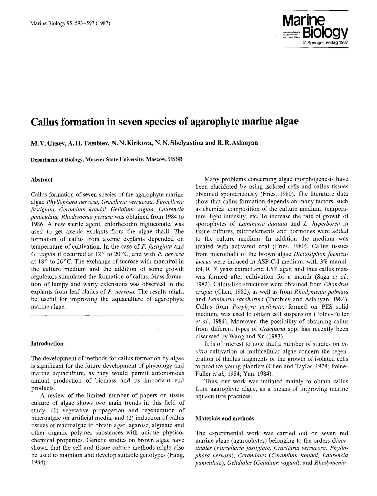 Callus formation in seven species of agarophyte marine algae by Unknown