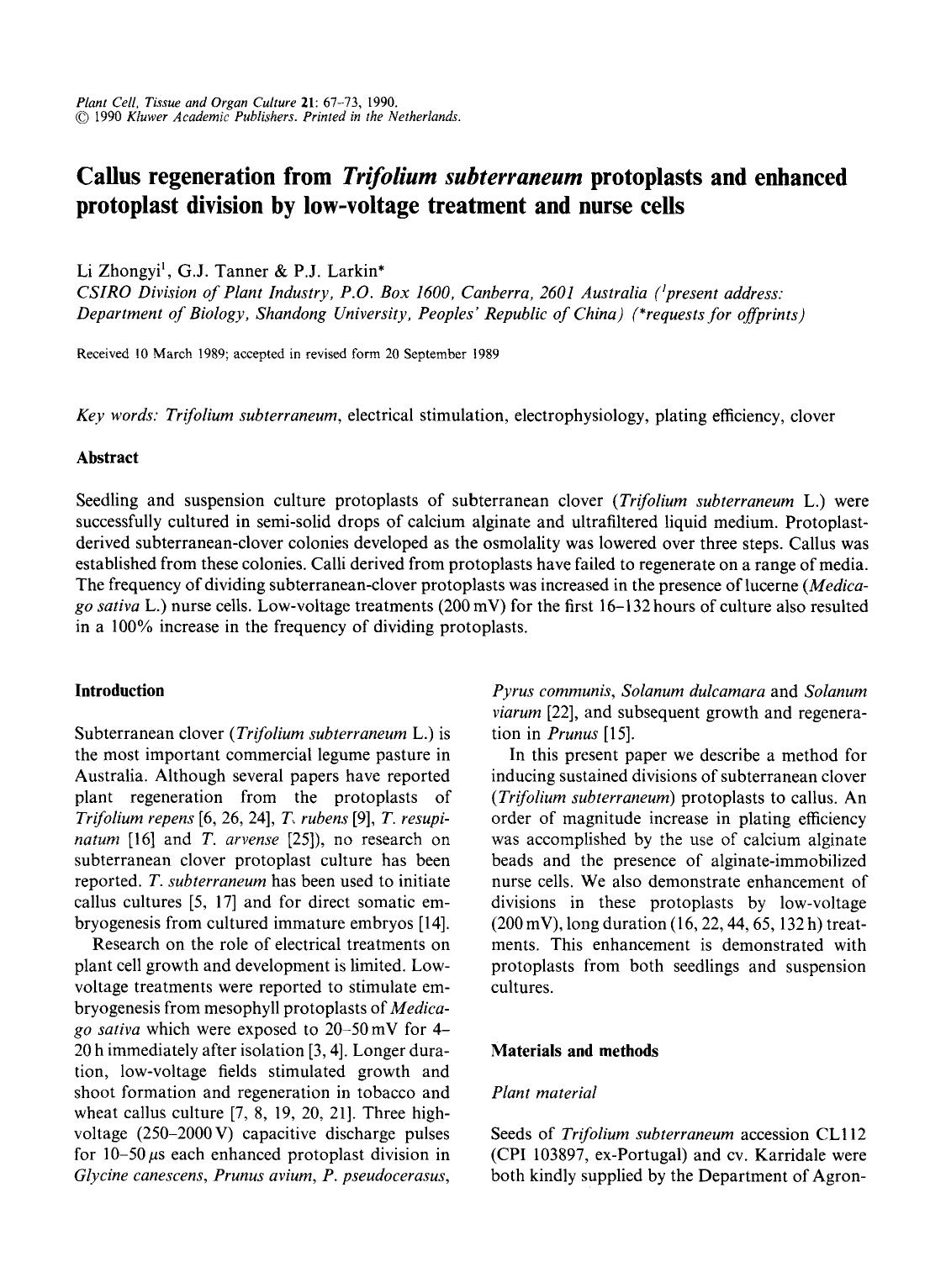 Callus regeneration from <Emphasis Type="Italic">Trifolium subterraneum <Emphasis> protoplasts and enhanced protoplast division by low-voltage treatment and nurse cells by Unknown