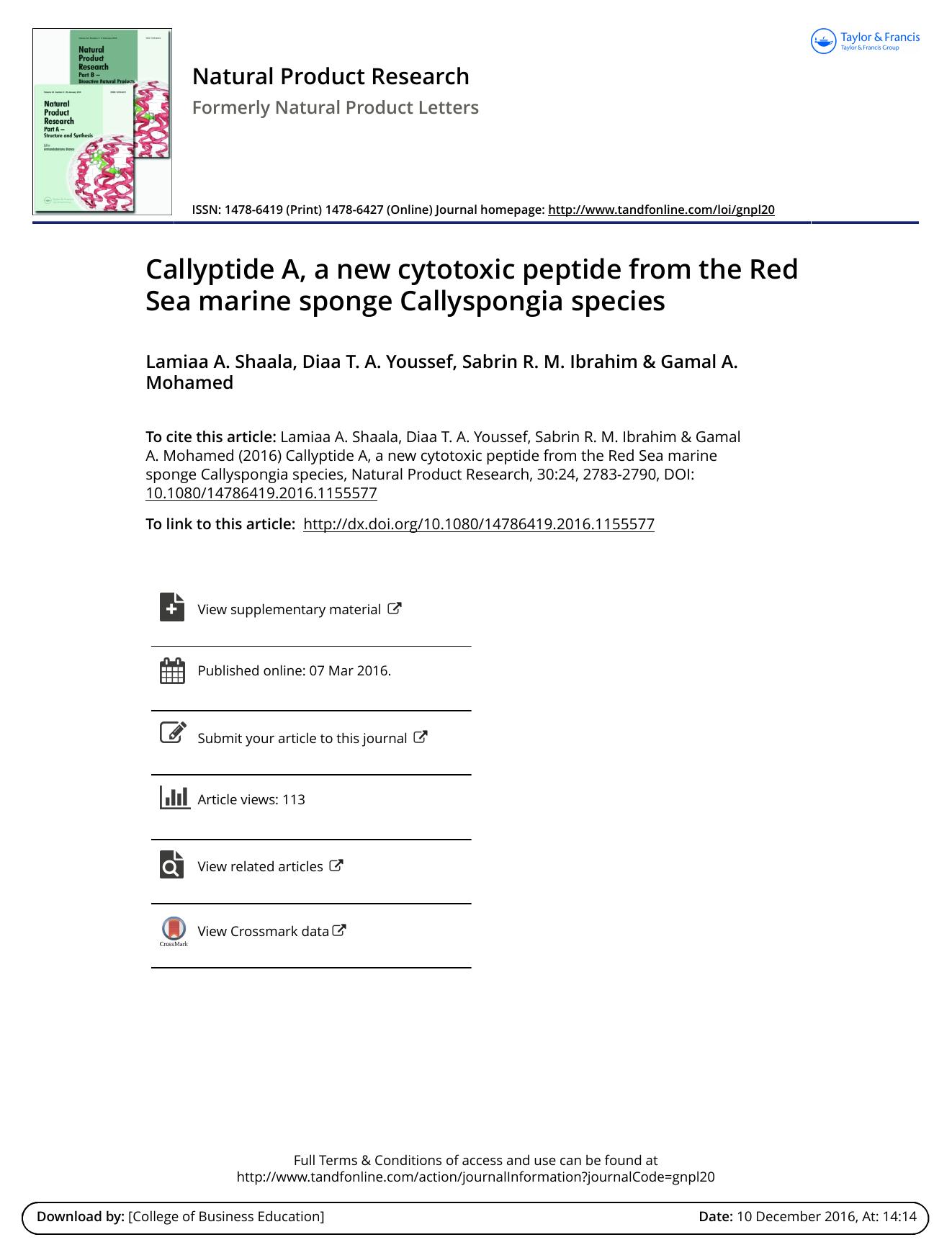 Callyptide A, a new cytotoxic peptide from the Red Sea marine sponge Callyspongia species by Lamiaa A. Shaala & Diaa T. A. Youssef & Sabrin R. M. Ibrahim & Gamal A. Mohamed