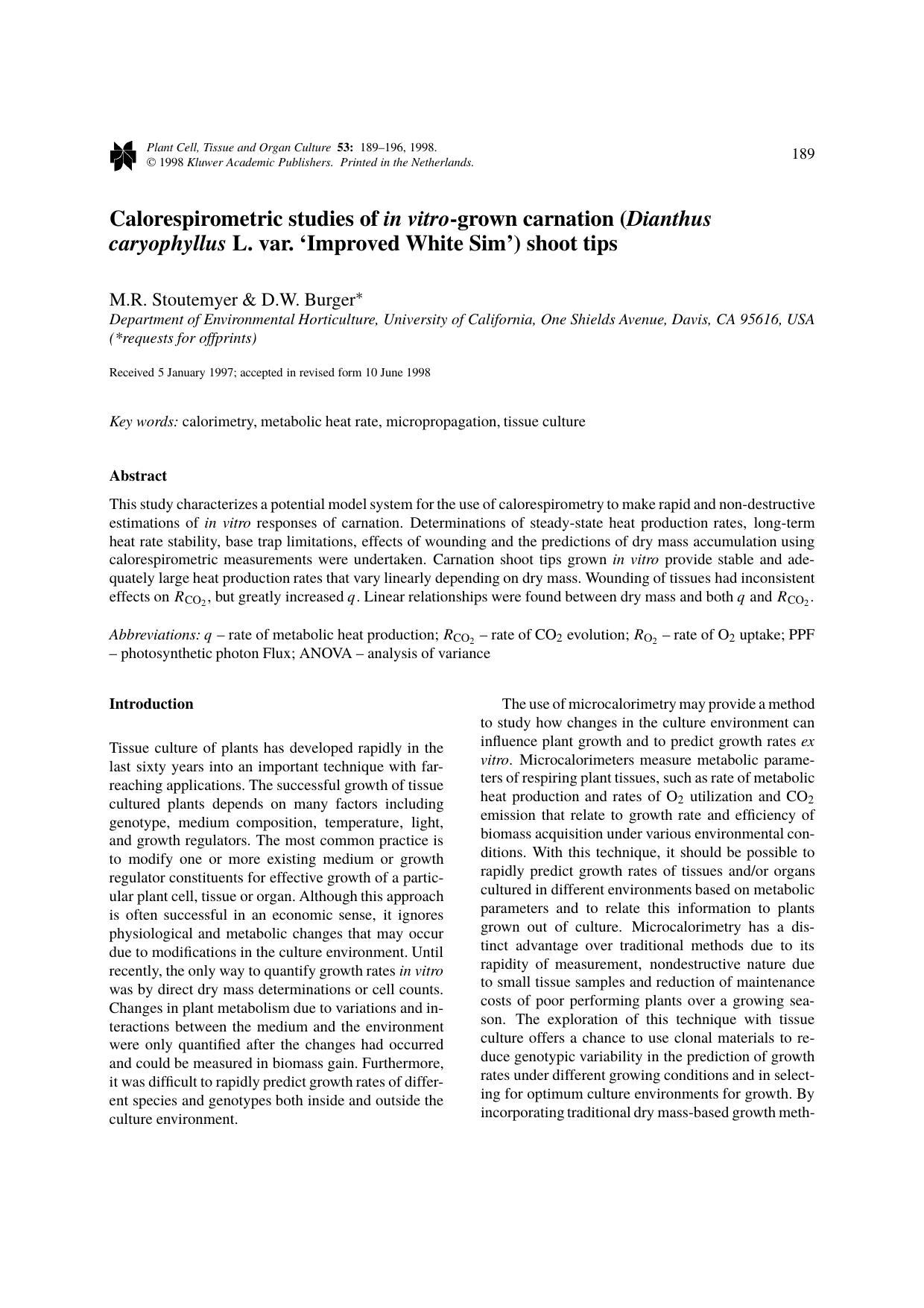 Calorespirometric studies of in vitro-grown carnation (Dianthus caryophyllus L. var. &#x2018;Improved White Sim&#x2019;) shoot tips by Unknown