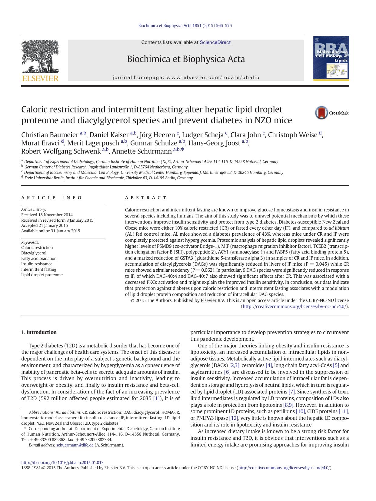 Caloric restriction and intermittent fasting alter hepatic lipid droplet proteome and diacylglycerol species and prevent diabetes in NZO mice by unknow