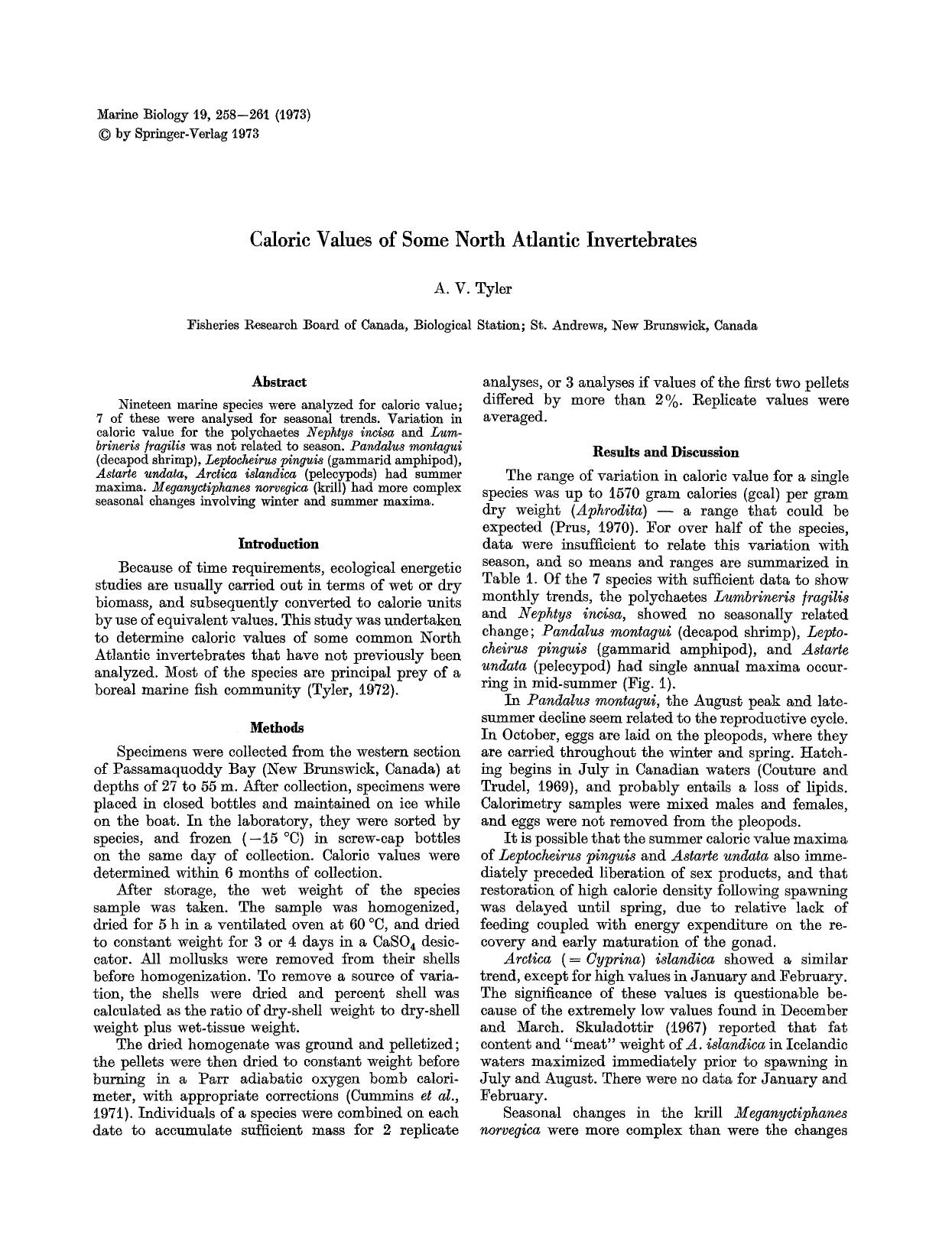 Caloric values of some North Atlantic invertebrates by Unknown
