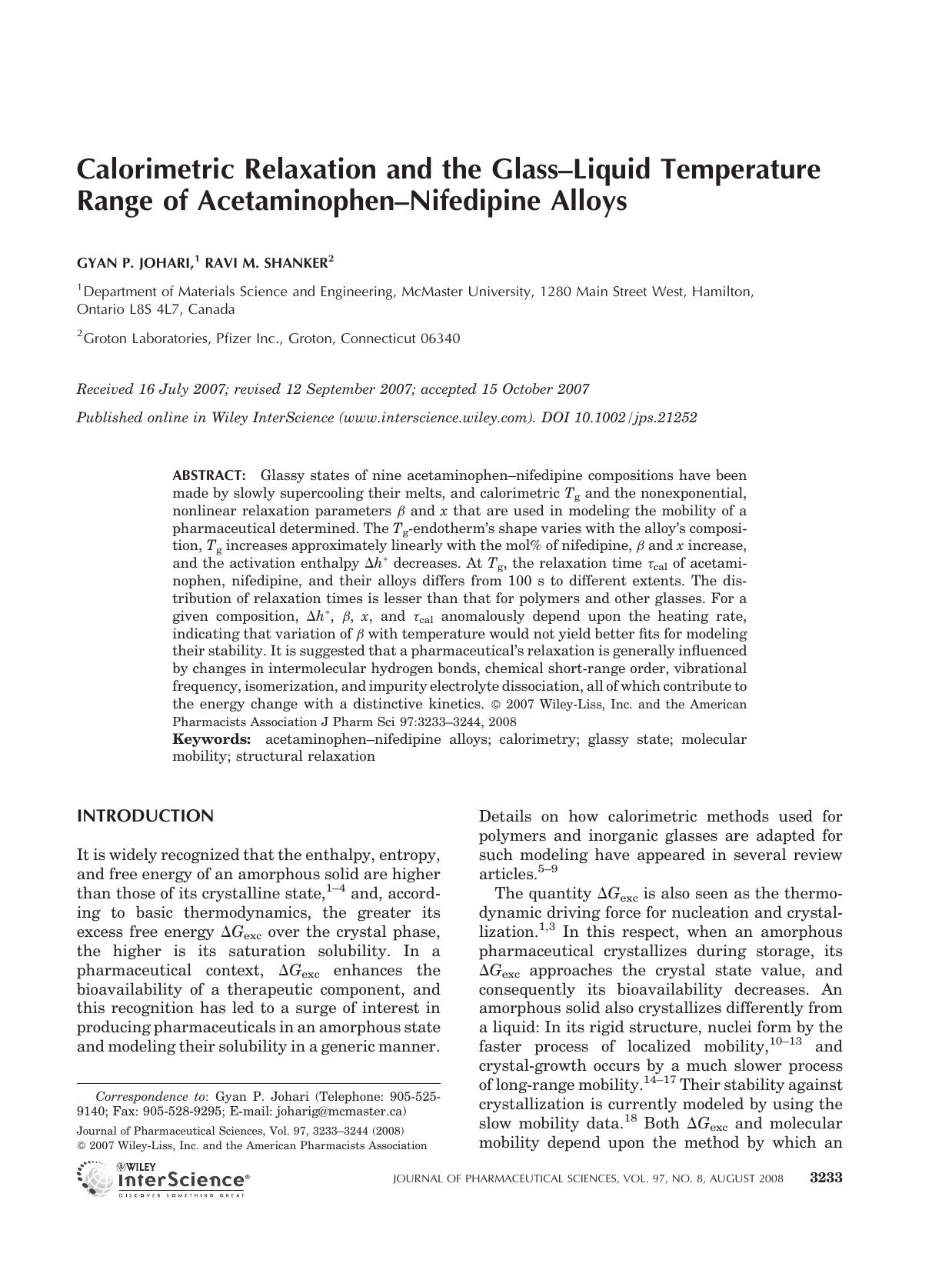 Calorimetric relaxation and the glass-liquid temperature range of acetaminophen-nifedipine alloys by Unknown