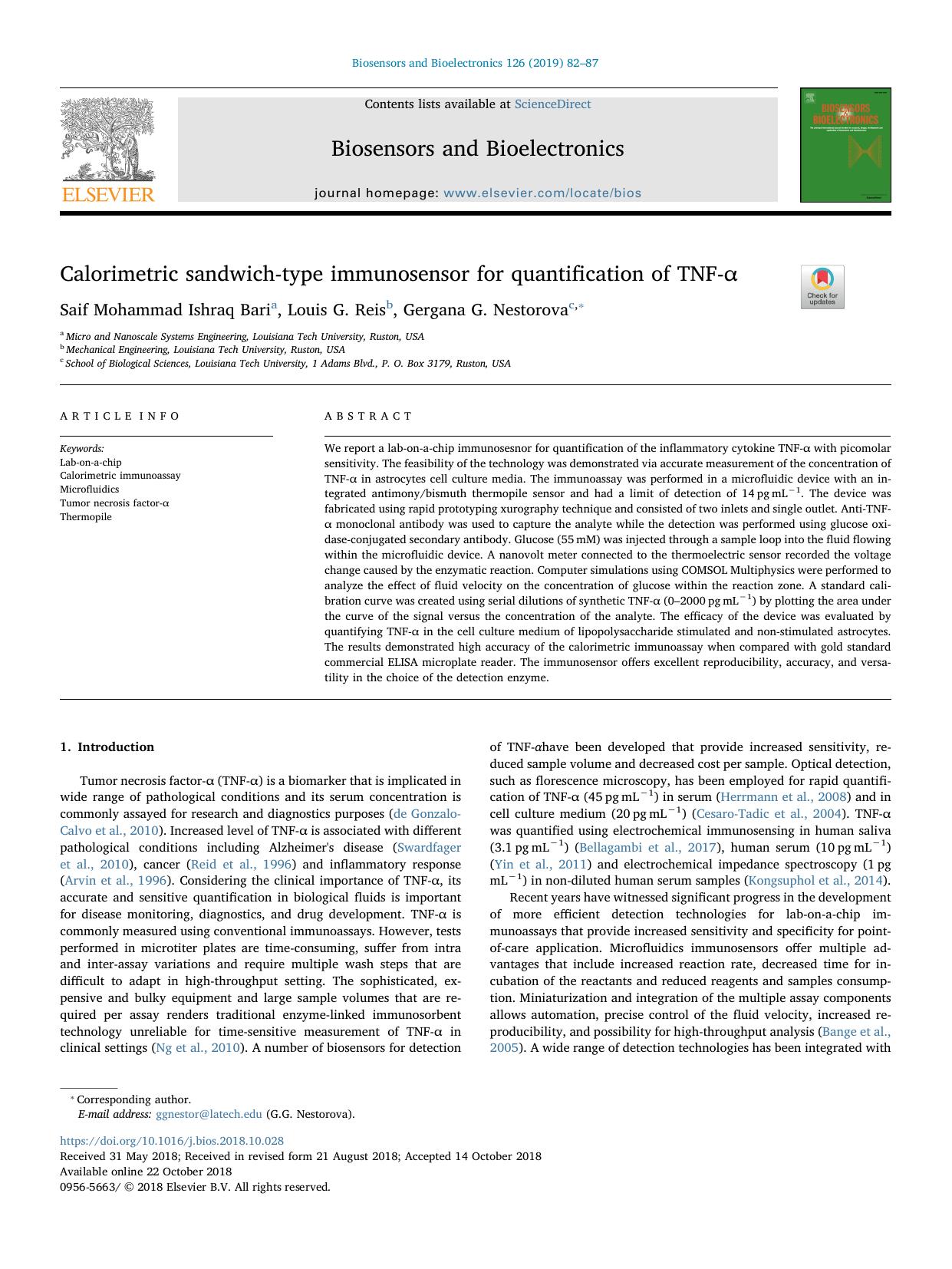 Calorimetric sandwich-type immunosensor for quantification of TNF-Î± by Saif Mohammad Ishraq Bari & Louis G. Reis & Gergana G. Nestorova