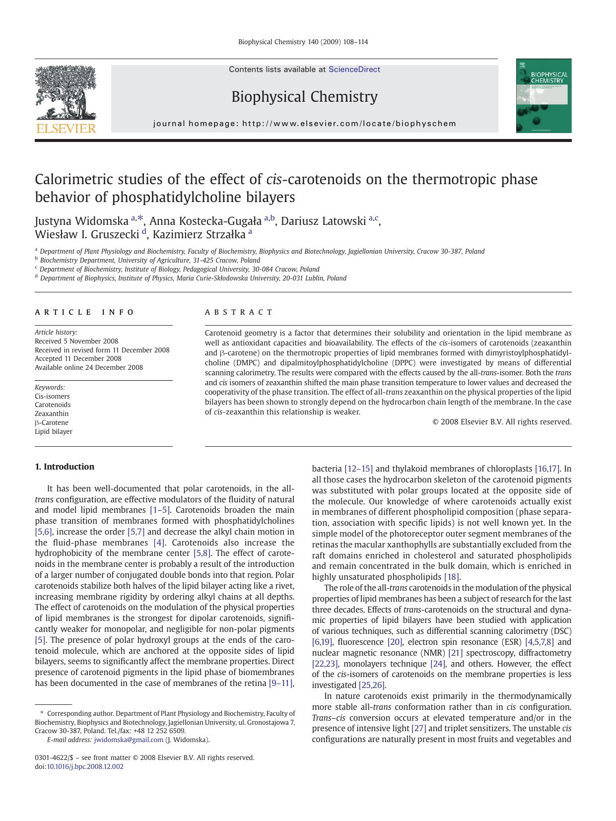 Calorimetric studies of the effect of cis-carotenoids on the thermotropic phase behavior of phosphatidylcholine bilayers by unknow