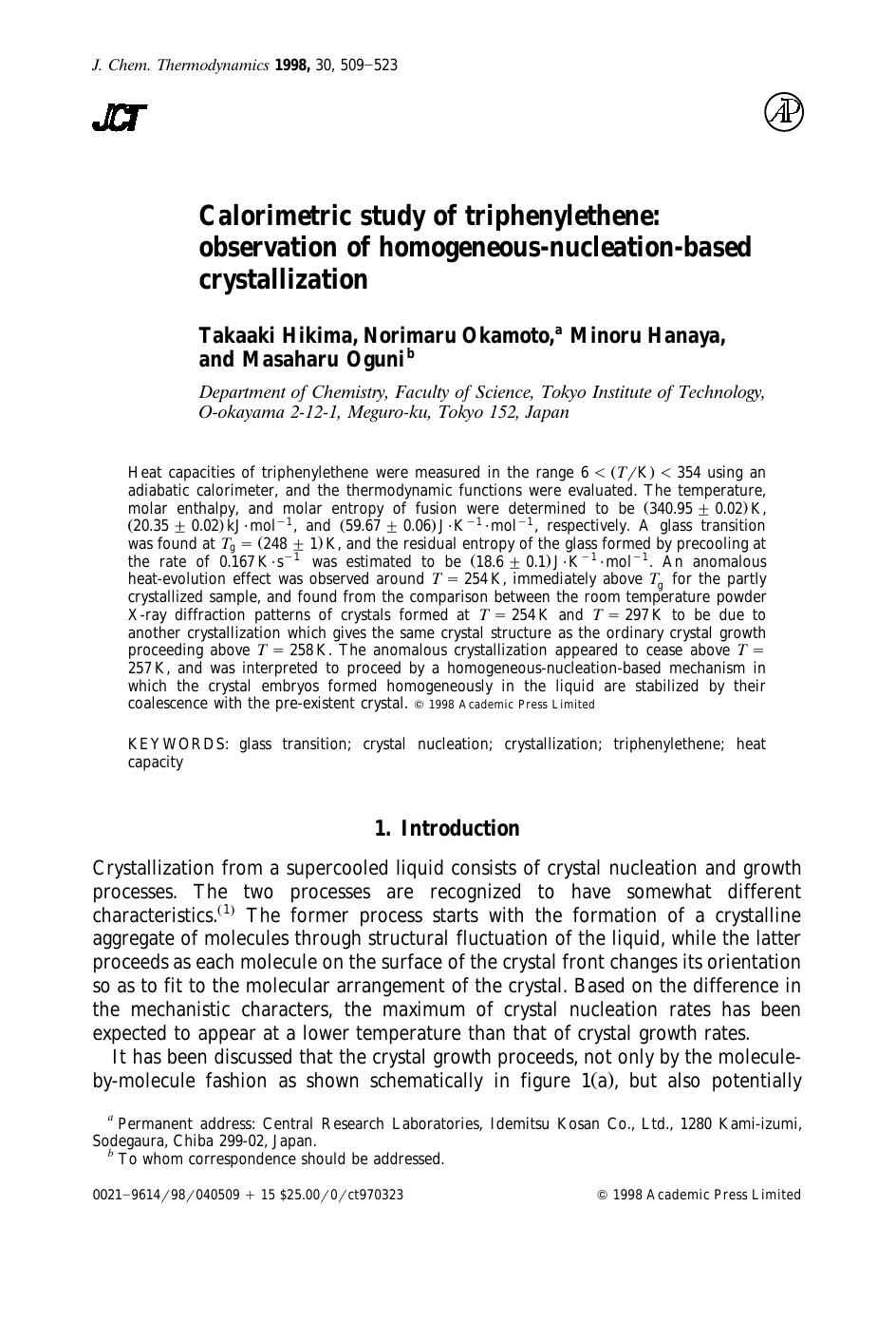 Calorimetric study of triphenylethylene: observation of homogeneous-nucleation-based crystallization by Hikima T. et al