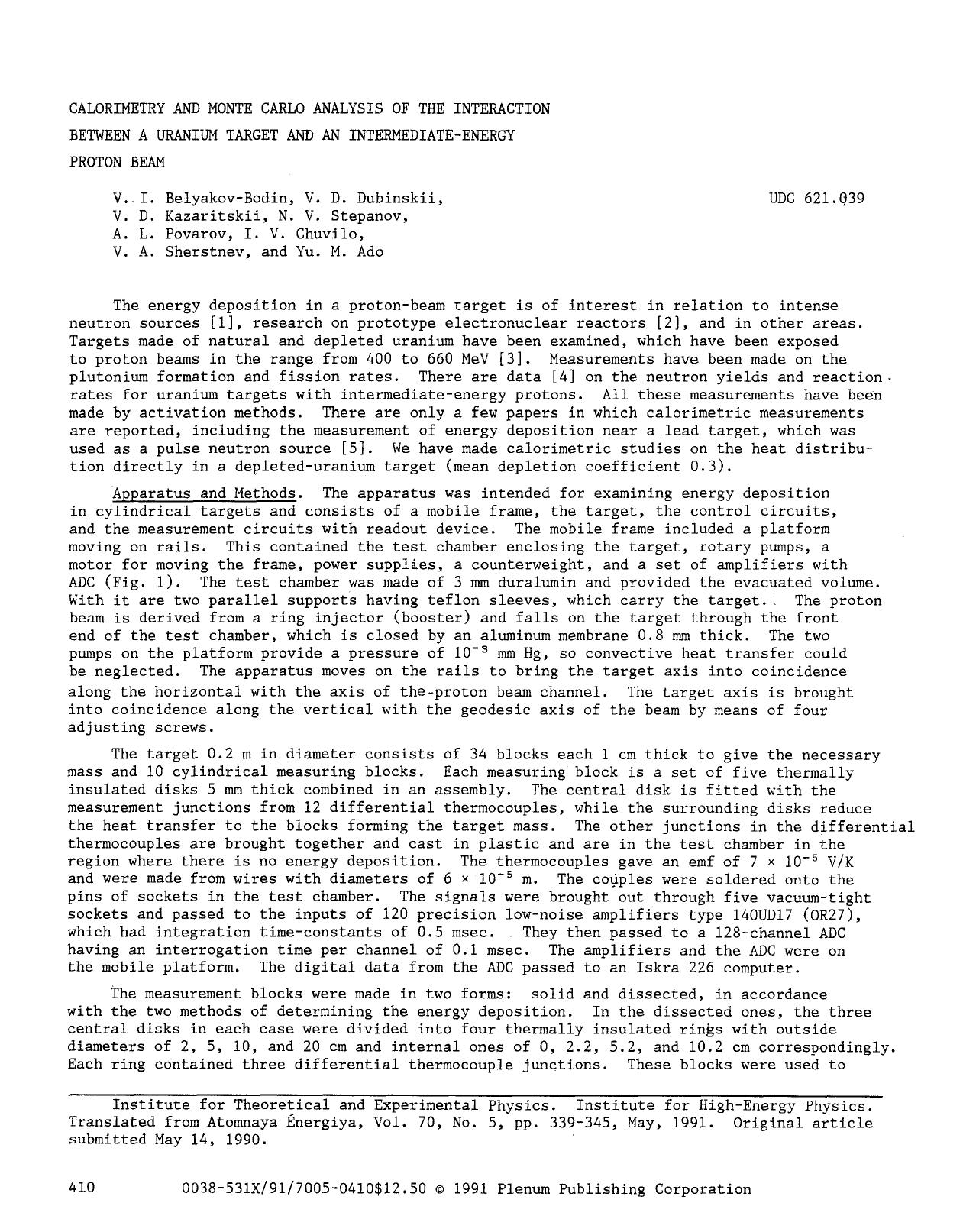 Calorimetry and monte carlo analysis of the interaction between a uranium target and an intermediate-energy proton beam by Unknown