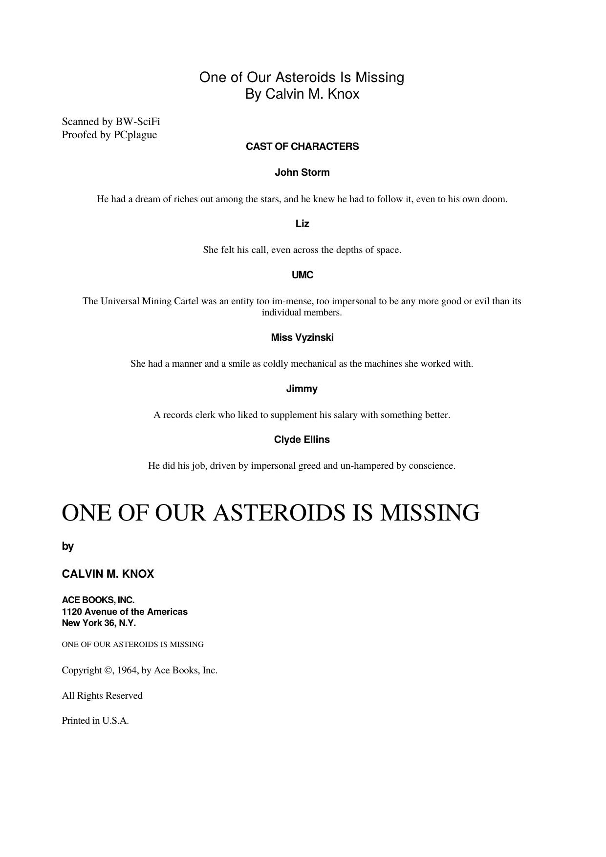 Calvin M. Knox by One of Our Asteroids Is Missing