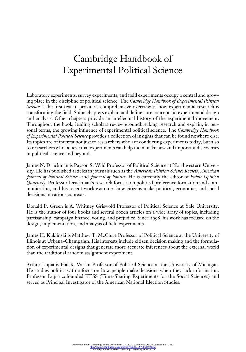 Cambridge Handbook of Experimental Political Science by JAMES N. DRUCKMAN & DONALD P. GREEN & JAMES H. KUKLINSKI & ARTHUR LUPIA