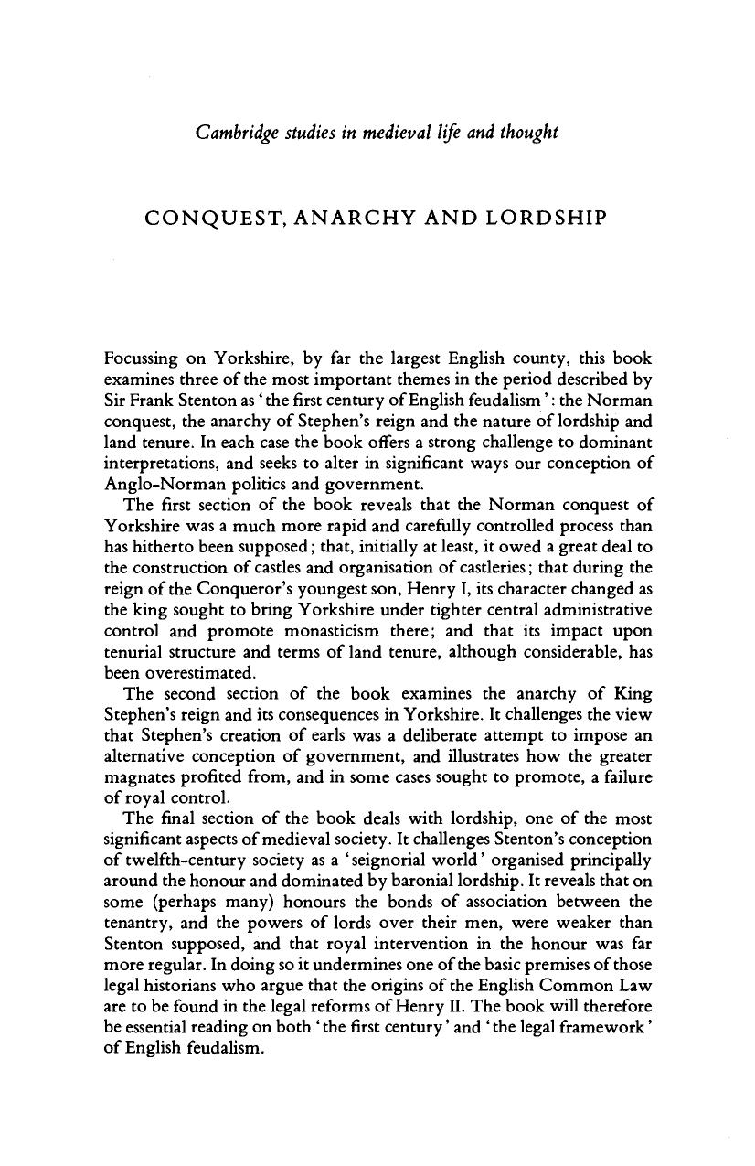 Cambridge University Press Conquest Anarchy and Lordship, Yorkshire 1066-1154 (1994) by Unknown