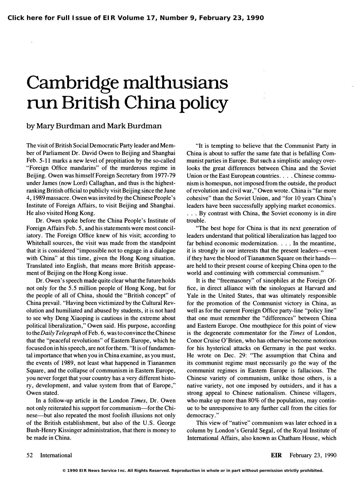 Cambridge malthusians run British-China policy by Burdman Mary Burdman Marc
