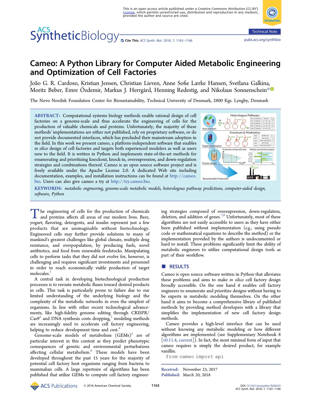 Cameo: A Python Library for Computer Aided Metabolic Engineering and Optimization of Cell Factories by unknow