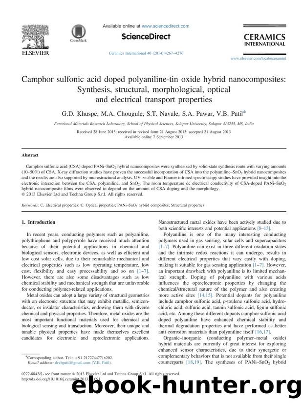 Camphor sulfonic acid doped polyaniline-tin oxide hybrid nanocomposites_ Synthesis, structural, morphological, optical and electrical transport properties by G.D. Khuspe & M.A. Chougule & S.T. Navale & S.A. Pawar & V.B. Patil